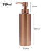 Rose gold stainless steel liquid soap dispenser bottle with a pump top and various dimensions marked.