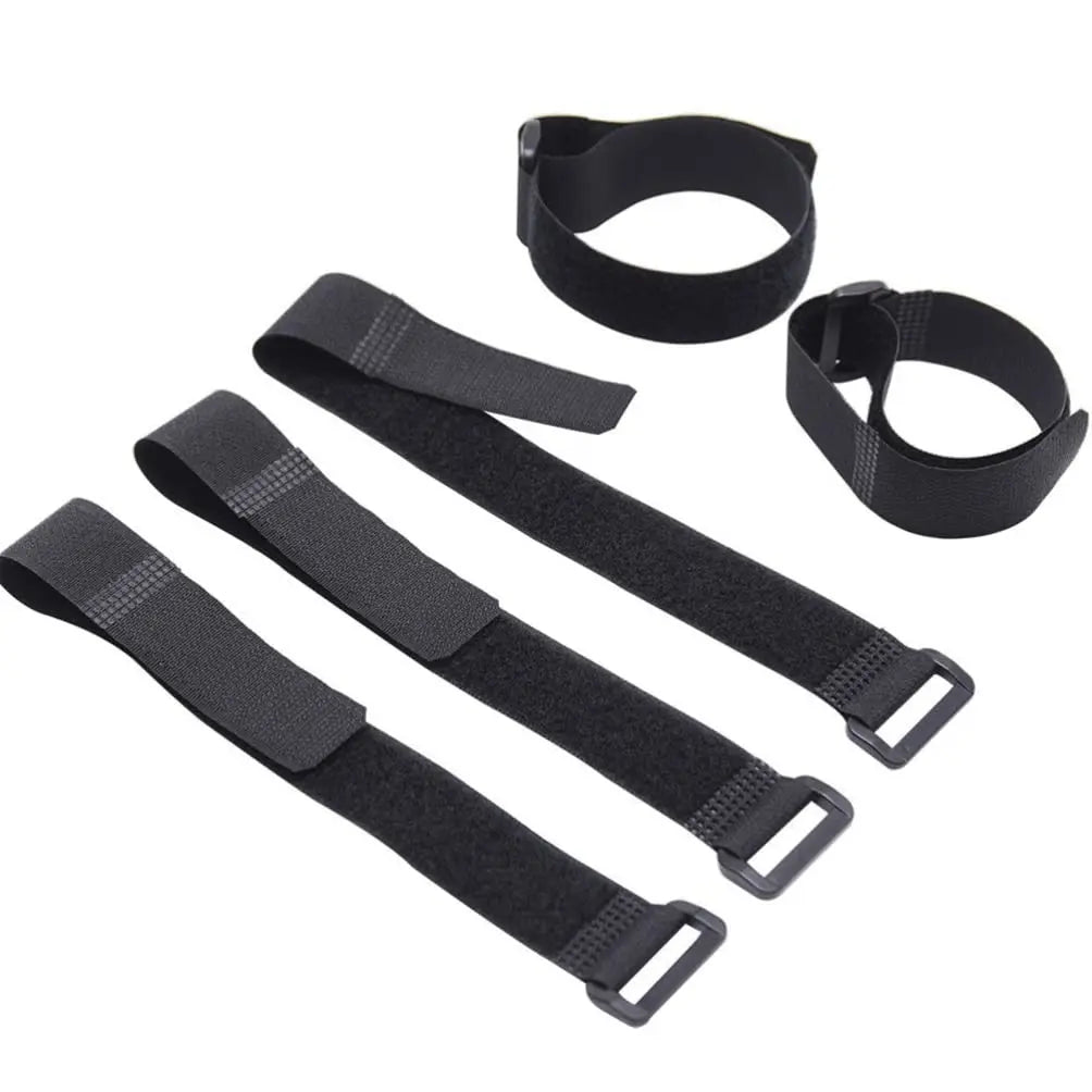 Black reusable nylon cable ties with adjustable hook and loop fasteners shown in various sizes