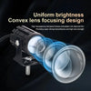 Motorcycle LED projector headlight with a convex lens focusing design and diamond film.