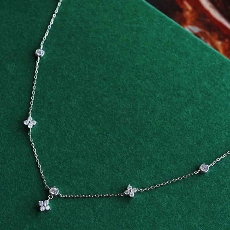 Dainty Lucky Leaf Necklace with White CZ Flowers