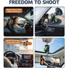 A 360 degree suction cup phone mount is shown being used to shoot a video from the side window, sunroof, and dashboard of a c