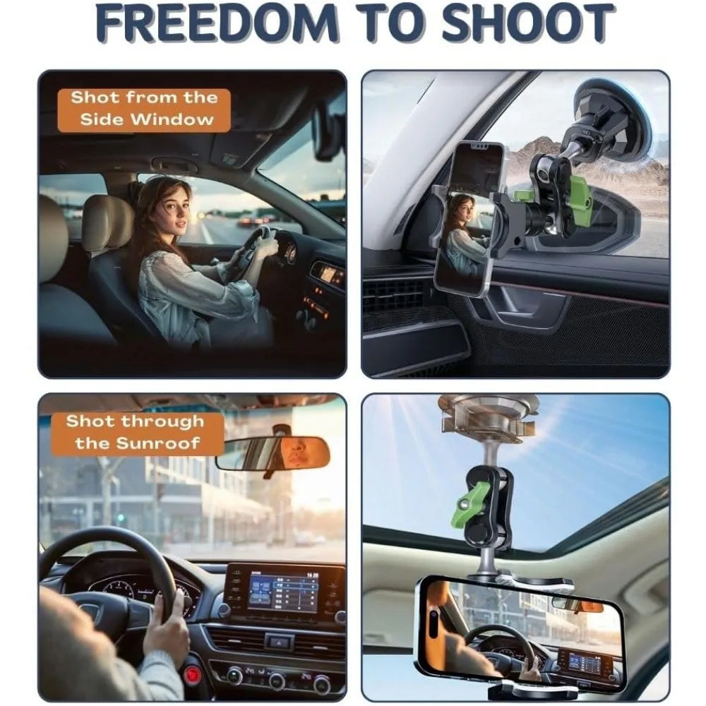 A 360 degree suction cup phone mount is shown being used to shoot a video from the side window, sunroof, and dashboard of a c