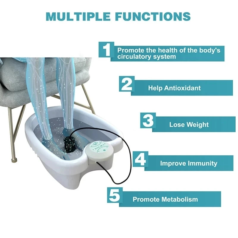 A white foot spa device with blue silicone feet is shown next to a bathtub, illustrating five health benefits.