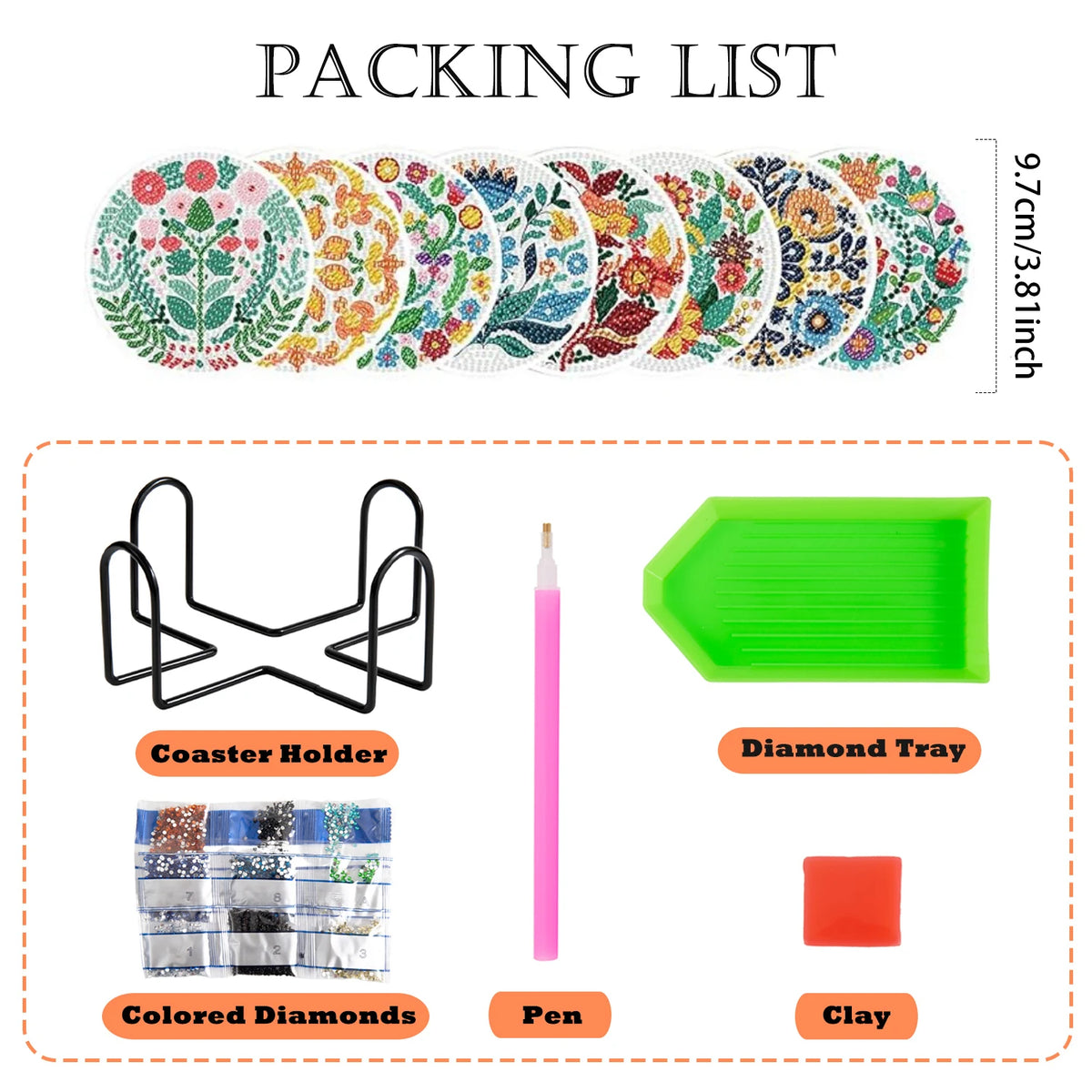 Packing list for an ocean-themed diamond art coaster kit including a holder, colored diamonds, pen, and clay.