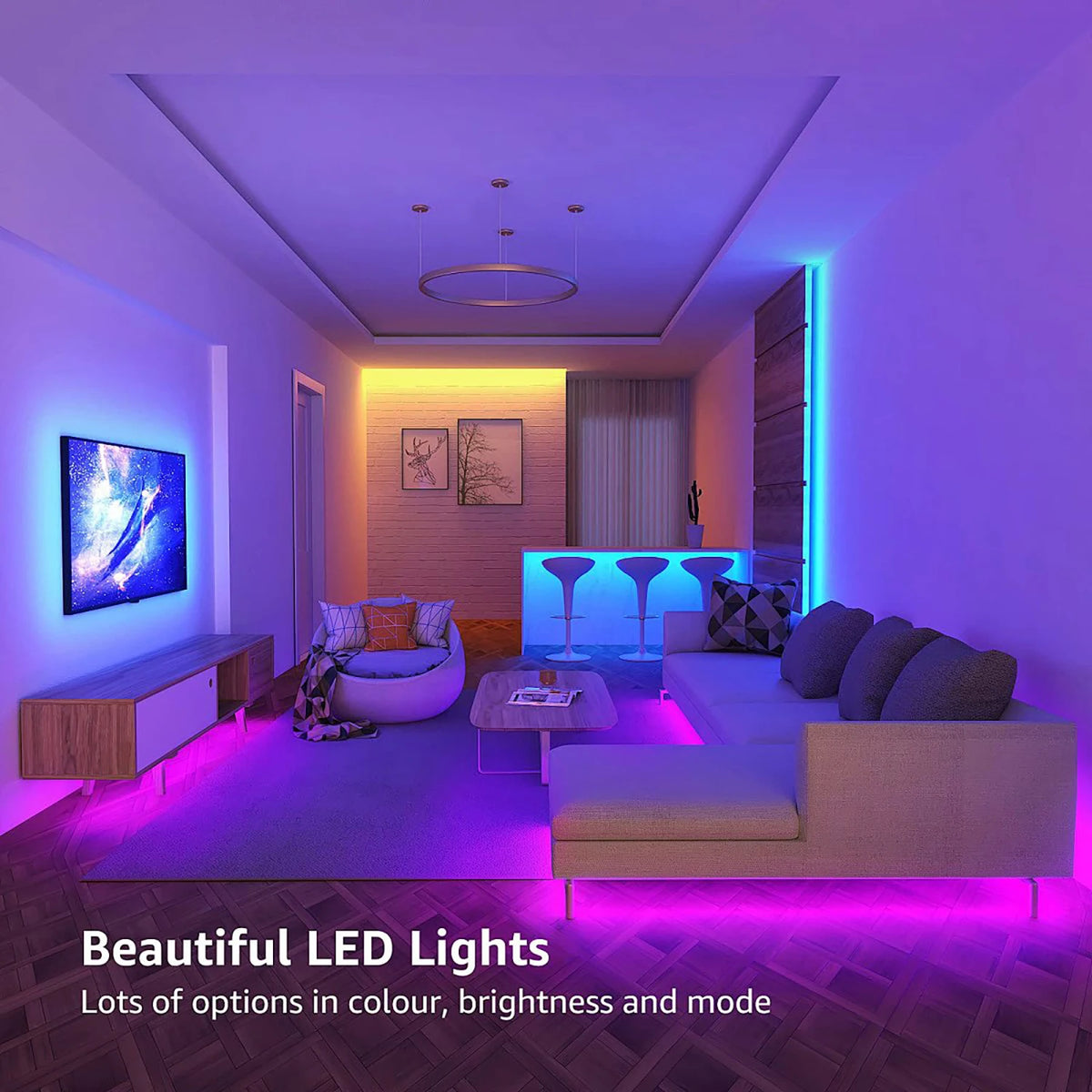 A modern living room illuminated by purple LED strip lights and a chandelier.