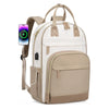 A beige and white anti-theft laptop backpack with a power bank attached.