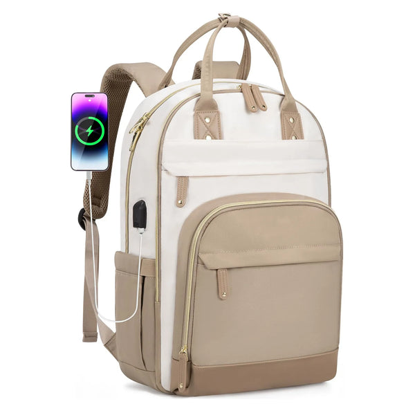 A beige and white anti-theft laptop backpack with a power bank attached.