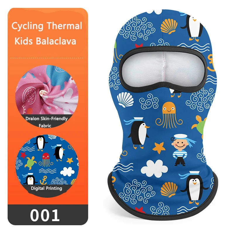 Blue and white patterned kids balaclava mask for cycling or skiing