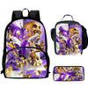 A set of a black backpack, lunch bag, and pencil case featuring basketball and sports-themed graphics.