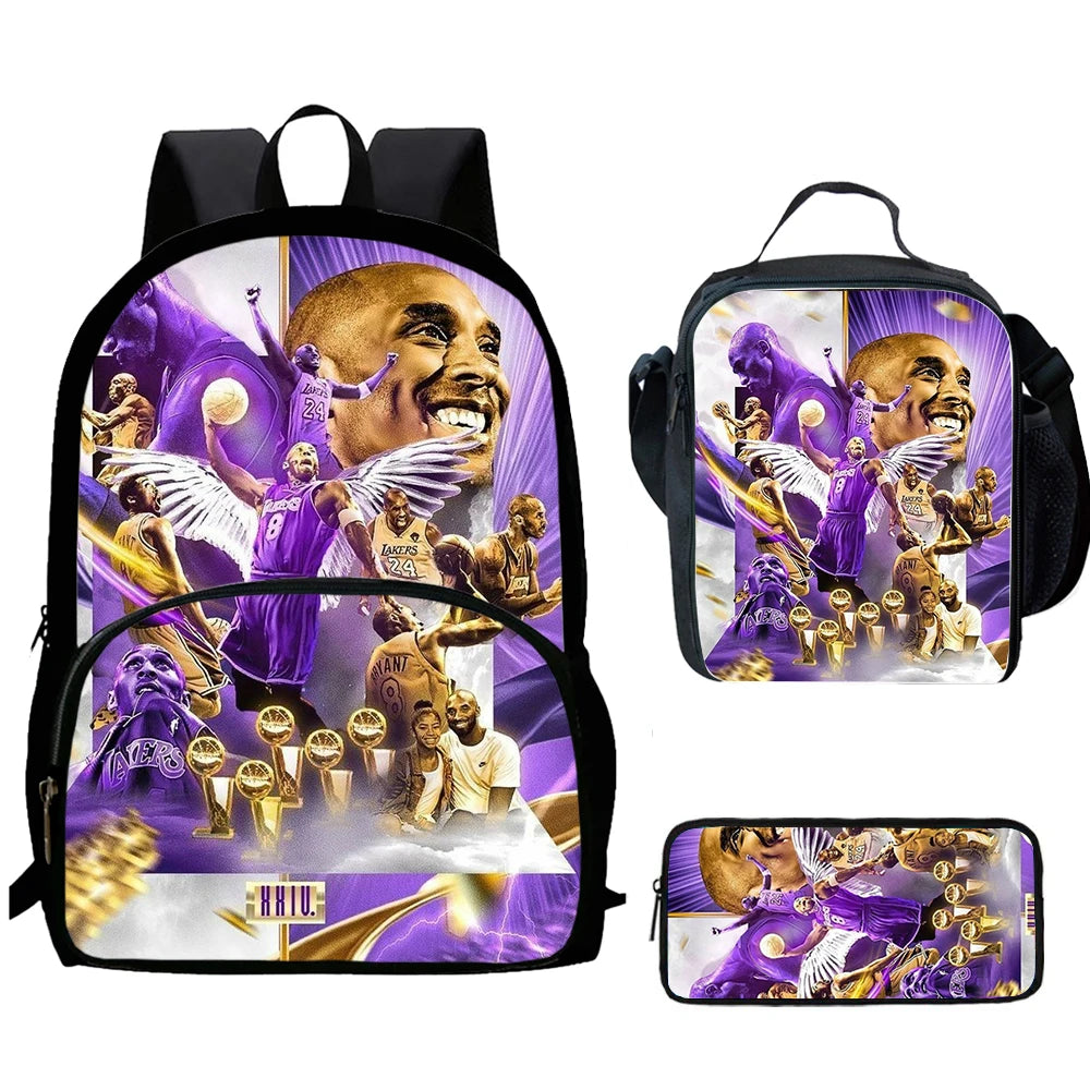 A set of a black backpack, lunch bag, and pencil case featuring basketball and sports-themed graphics.