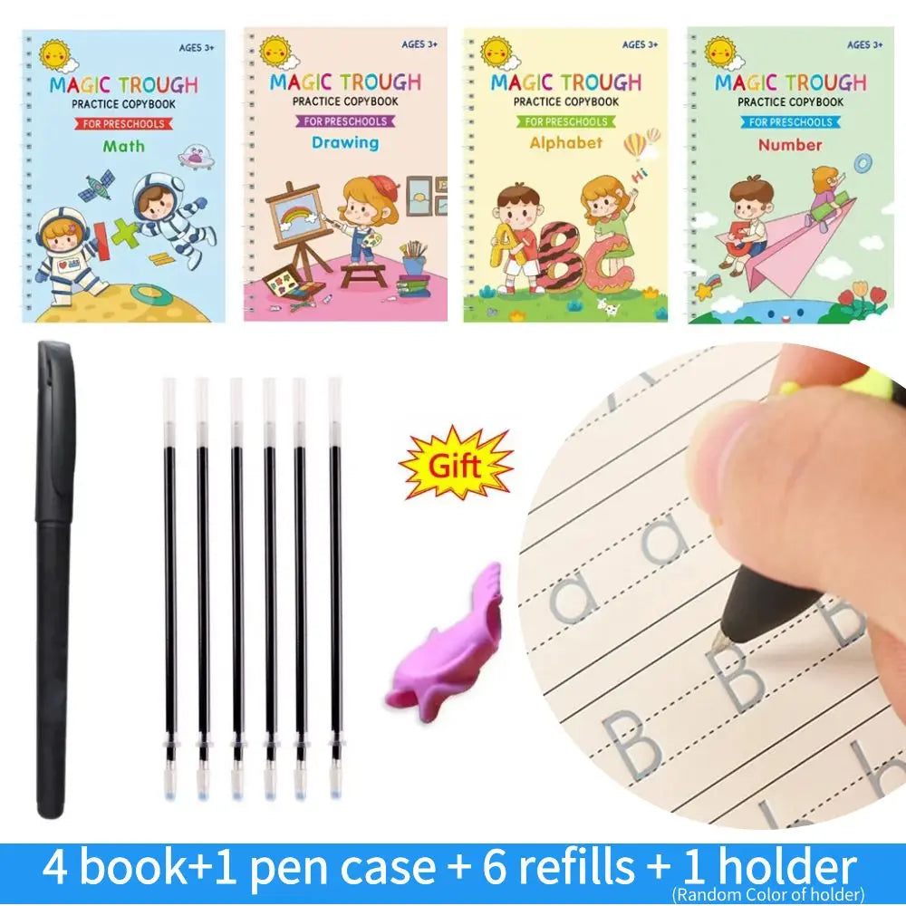 Set of 4 magic practice books, a pen case, six refills, and one holder for handwriting practice.