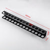 A black heavy-duty wall mounted tool storage rack with 14 circular holes and dimensions marked.