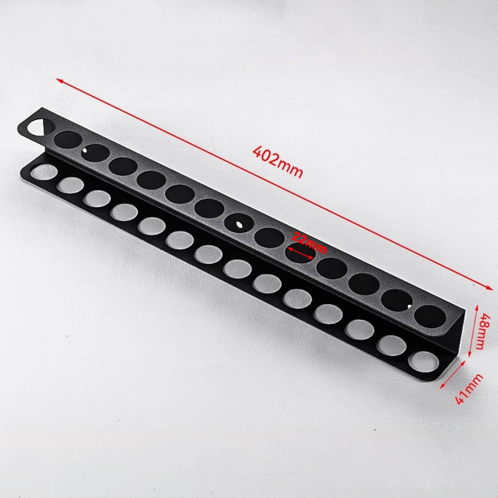 A black heavy-duty wall mounted tool storage rack with 14 circular holes and dimensions marked.