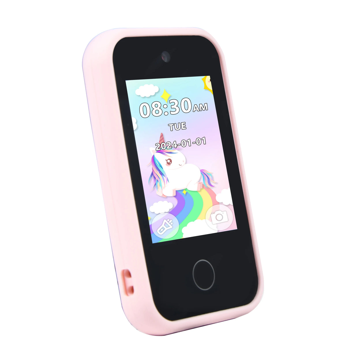 Rosa Kinderspiel-Smartphone, zeigt Zeit 08:30 Uhr und Datum 01.01.2024