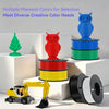 A collection of multiple colored filament spools, including green, red, and blue, displayed next to a toy excavator.