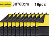 A set of ten gray and yellow microfiber car cleaning towels laid out in a row.