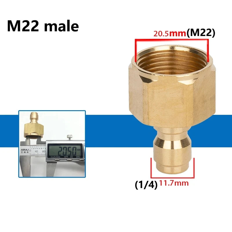 M22 male brass pressure washer adapter with a 20.5mm connection and a 1/4 thread.