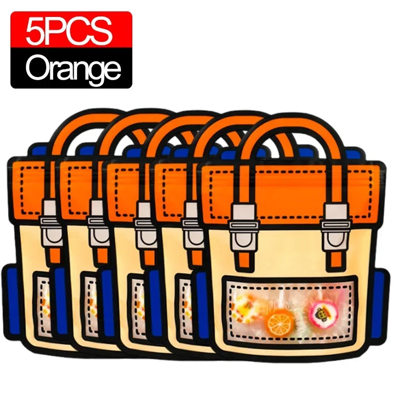 Five orange cartoon backpack goodie bags for kids party favors