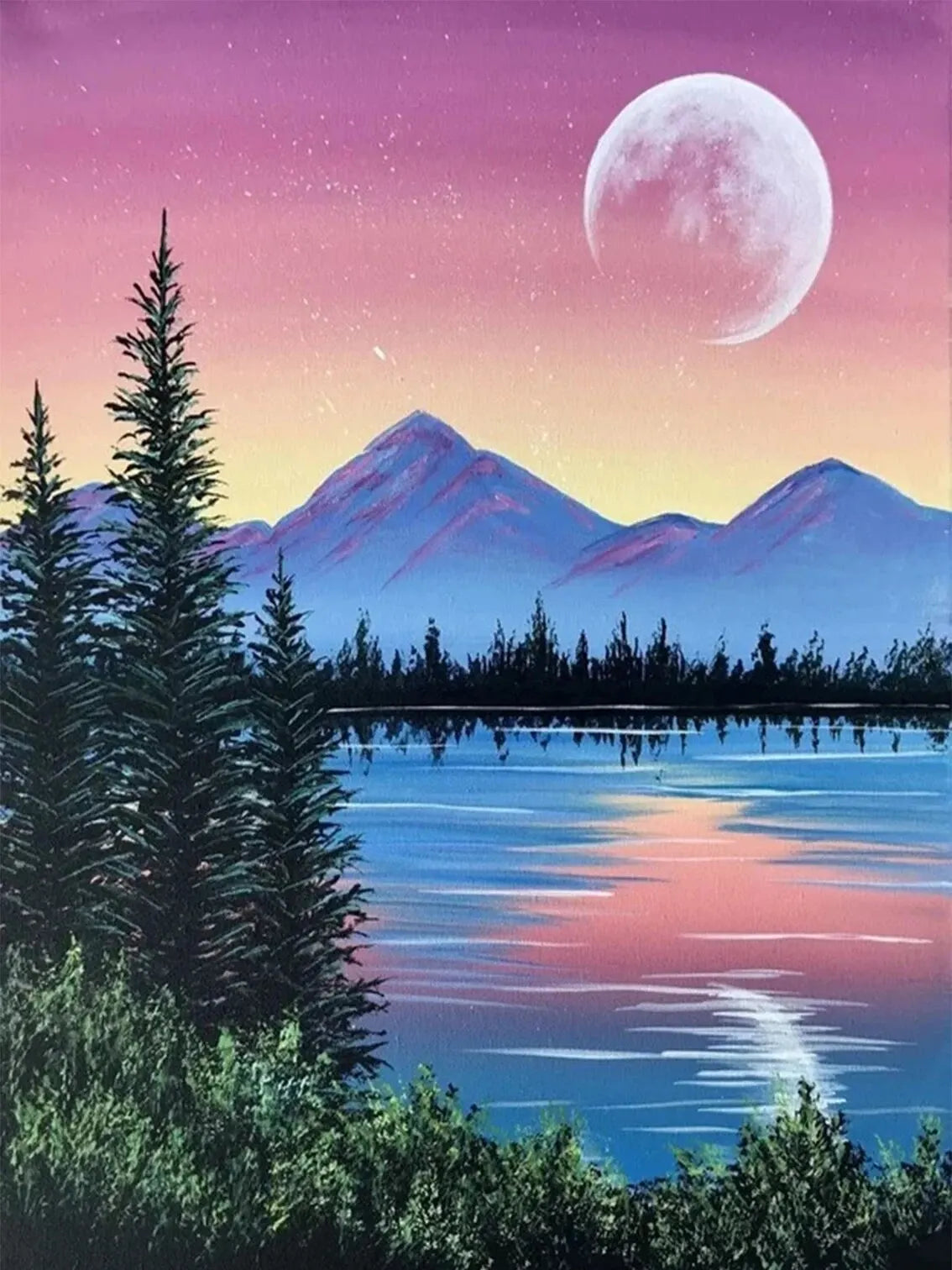 A painting of a large moon and mountains reflected in calm water under a pink and purple sky.