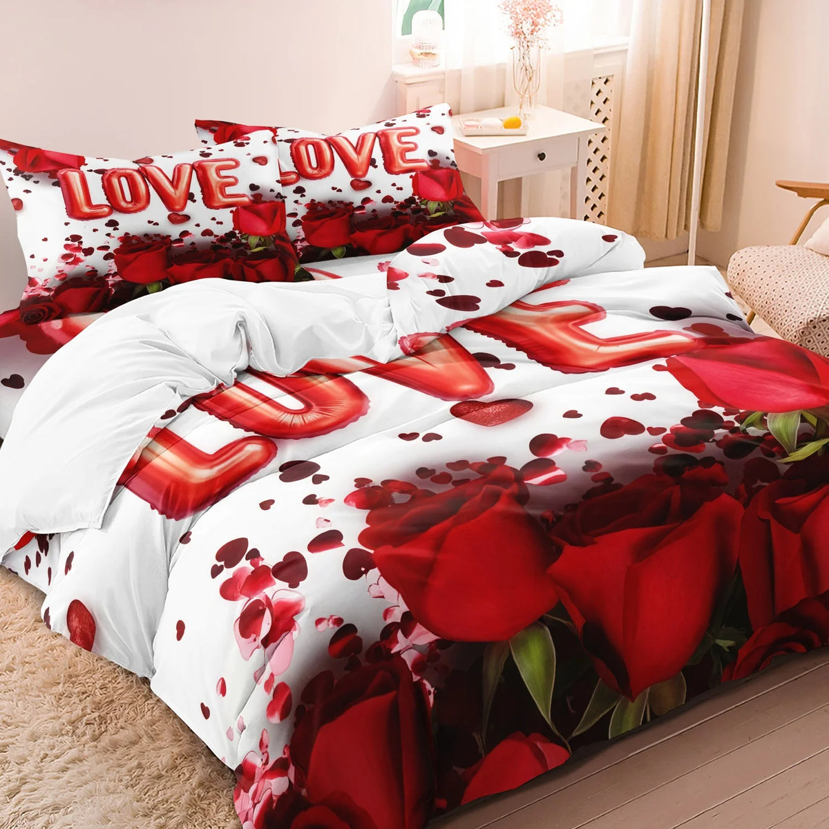 Romantic Red Rose Bedding Set with Duvet Cover and Pillowcases