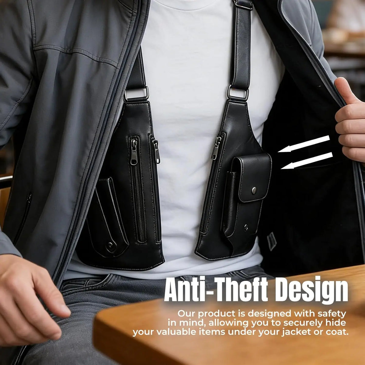 A black leather crossbody bag is shown being held inside a gray jacket, highlighting its anti-theft design.