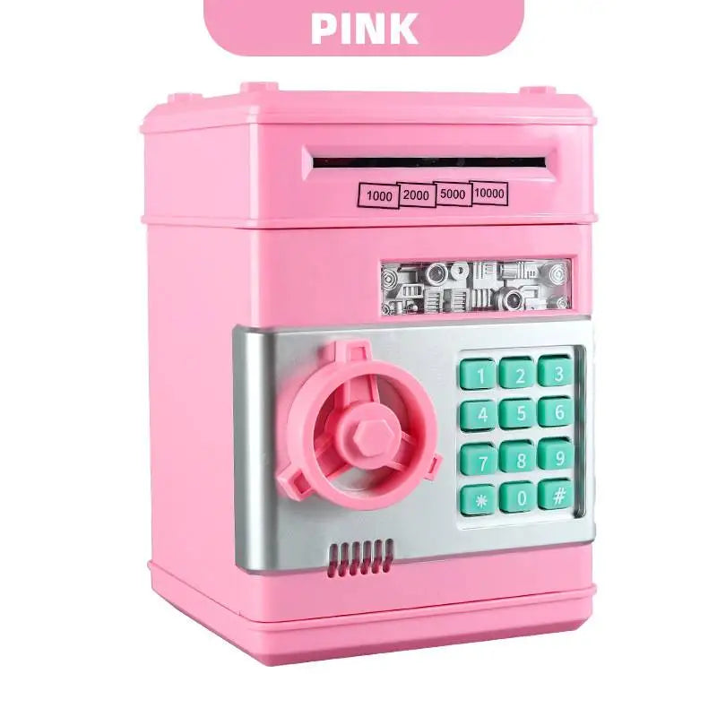 Pink electronic password piggy bank with an automatic bill feeder and numeric keypad