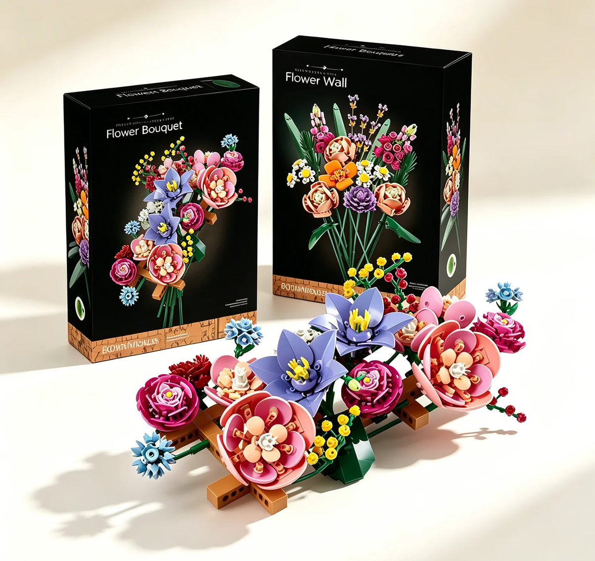 A box of Botanical Blooms Building Block Set for a DIY artificial flower bouquet featuring colorful flowers and greenery.