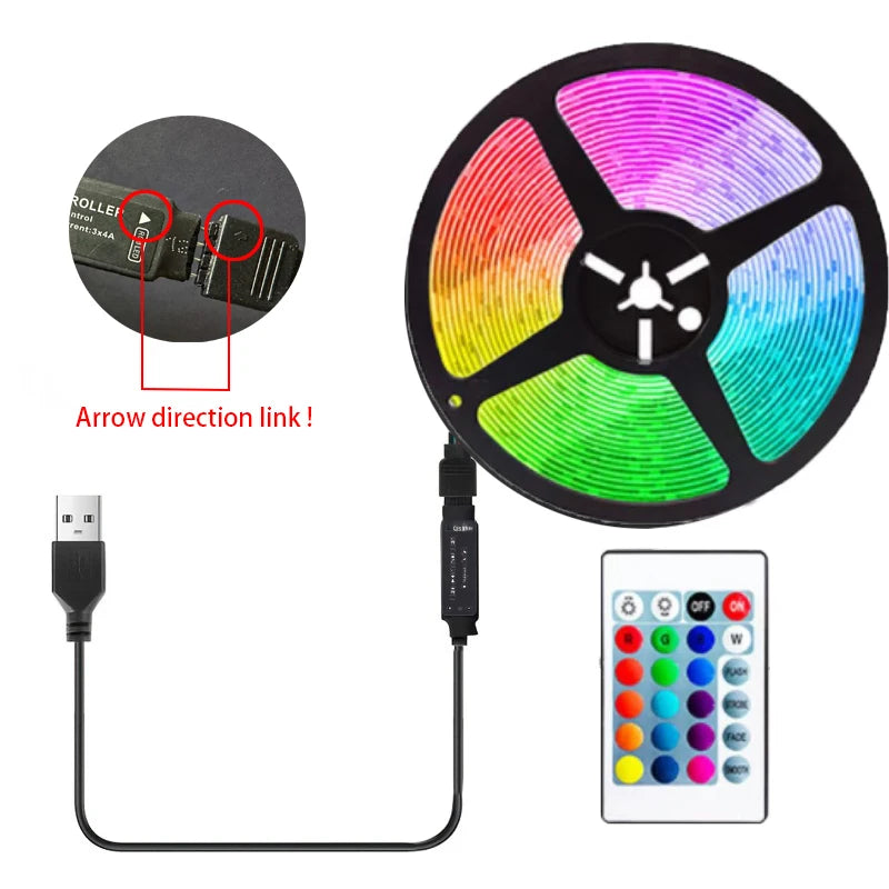 Multicolor RGB LED strip light with a remote control and power cable