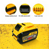 Yellow and black lithium-ion battery pack with display, plastic shell, and 5-pin card slot.