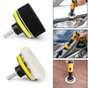 A set of three 3-inch self-adhesive polishing pads for car detailing, including a foam pad and two yellow and black pads.