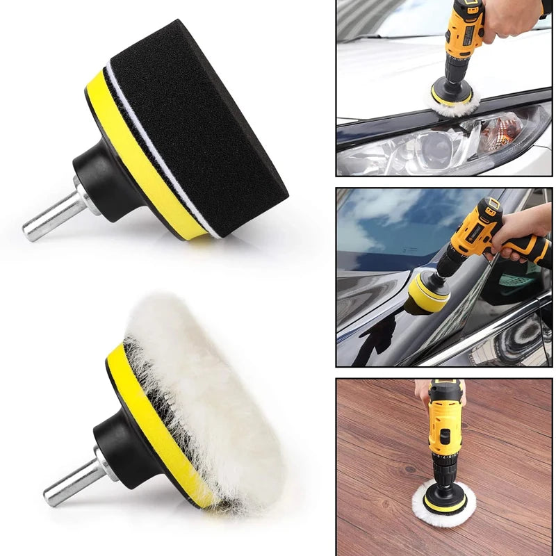 A set of three 3-inch self-adhesive polishing pads for car detailing, including a foam pad and two yellow and black pads.