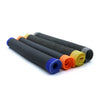 A set of black microfiber detailing towels in various colors including blue, orange, and yellow.