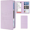 A purple faux leather document organizer with a clear plastic sleeve and an open display showing various identification cards