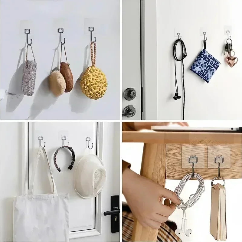 Self-adhesive rotating wall hooks for various storage locations shown in a kitchen and entryway setting.