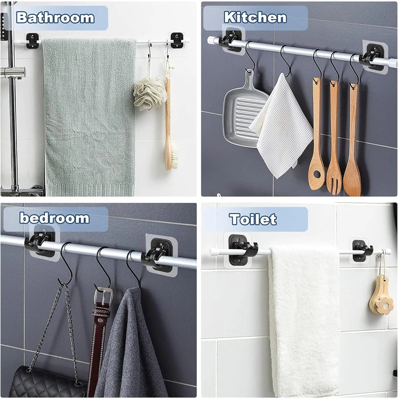 A set of self-adhesive no-drill curtain rod brackets is shown installed on a shower, kitchen, bedroom, and toilet.