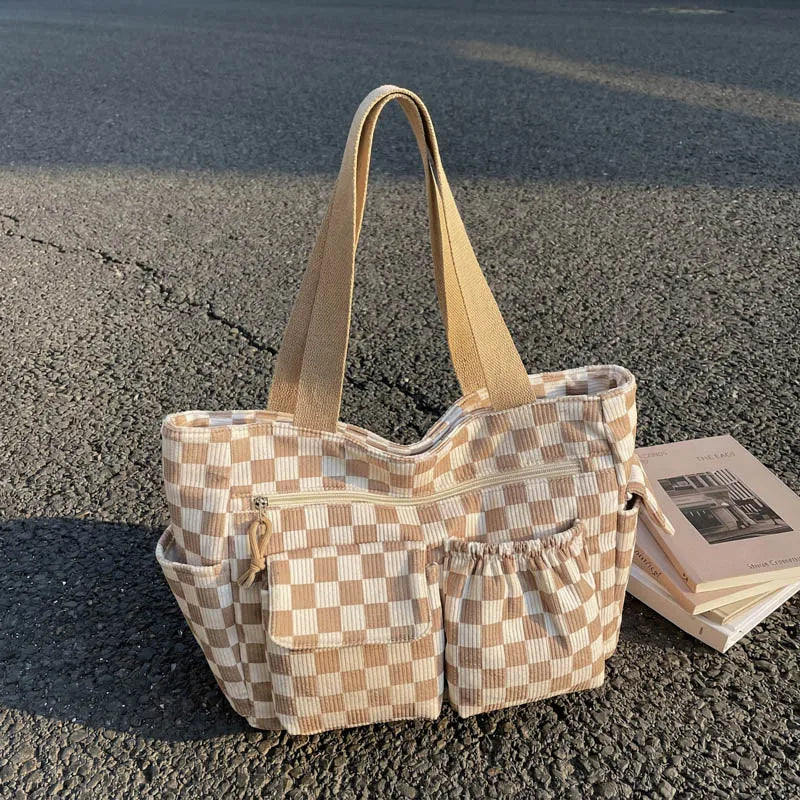 Corduroy Checkerboard Tote Bag with Multiple Pockets