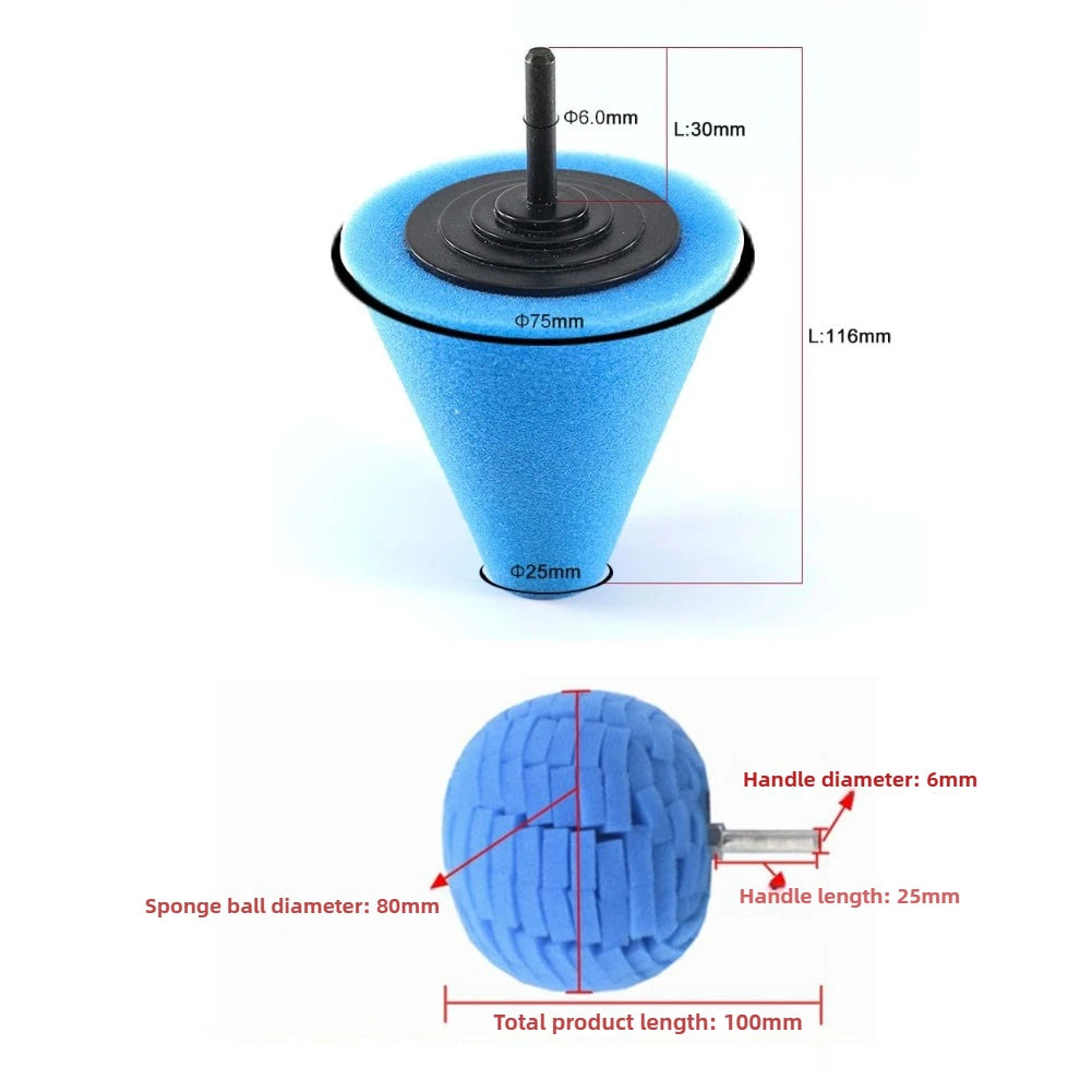 A blue drill polishing sponge cone kit with a black handle and sponge ball for automotive detailing.