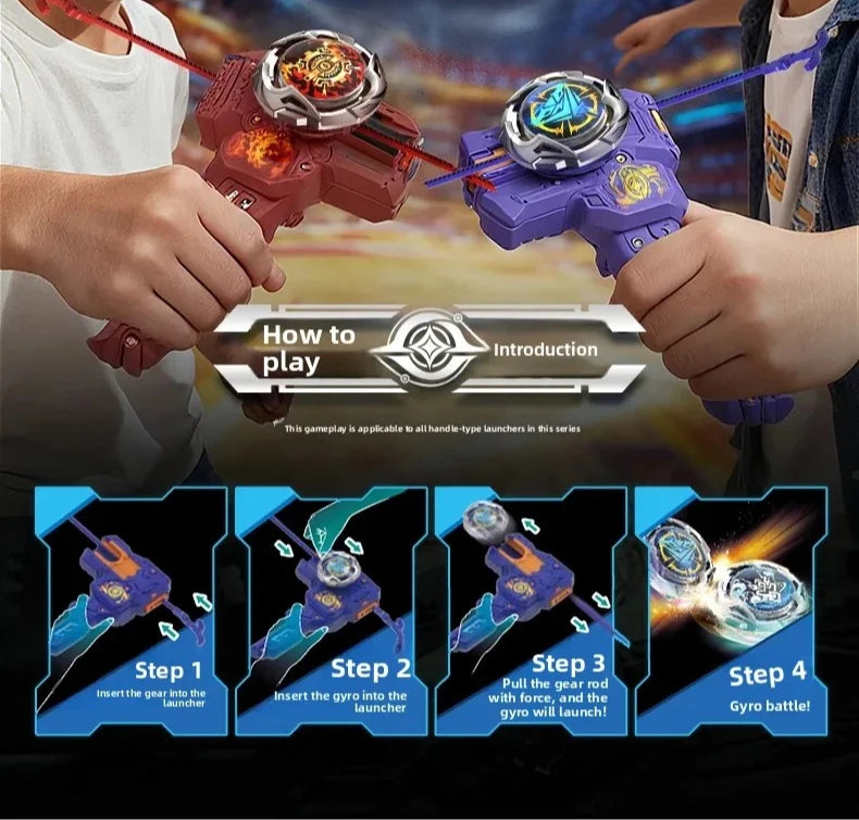 A demonstration showing how to play the AULDEY Infinity Nado Spin Force Battle Top with Launcher in four steps.