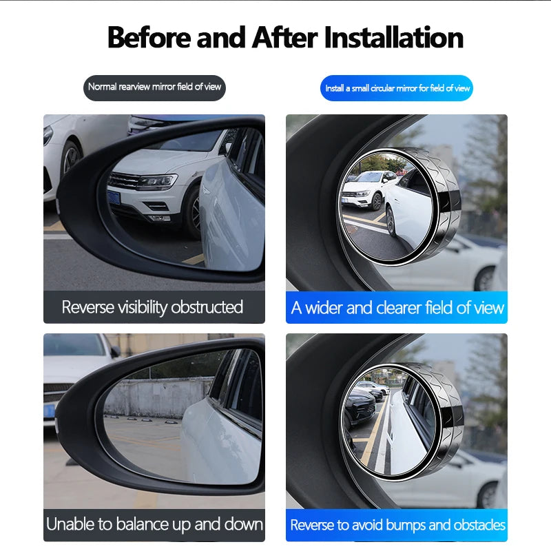 Before and after installation comparison showing improved visibility and balance of a suction cup blind spot mirror for a car