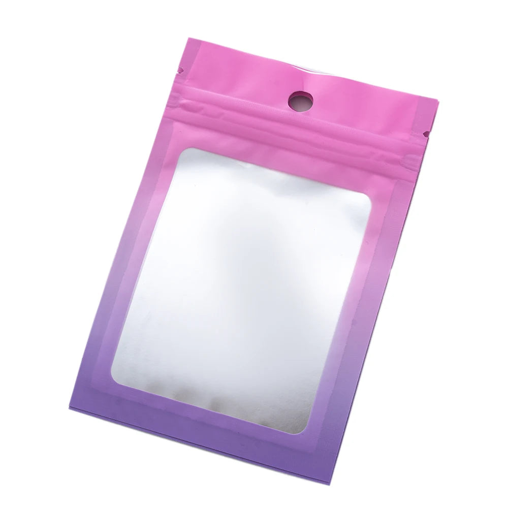 A purple gradient resealable zipper pouch with a clear window is shown against a white background.