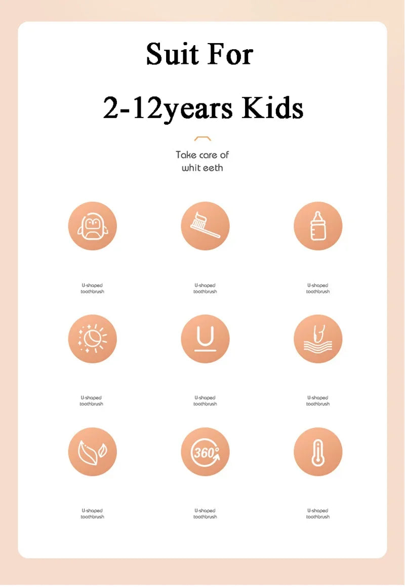 A product image showing various U-shaped silicone toothbrushes for 2-12 year old kids.