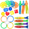 A collection of pool dive and grab play toys including various colored plastic items and fish-shaped tools for children.