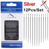 A set of 12 silver stainless steel self-threading sewing needles packaged in a blue box.