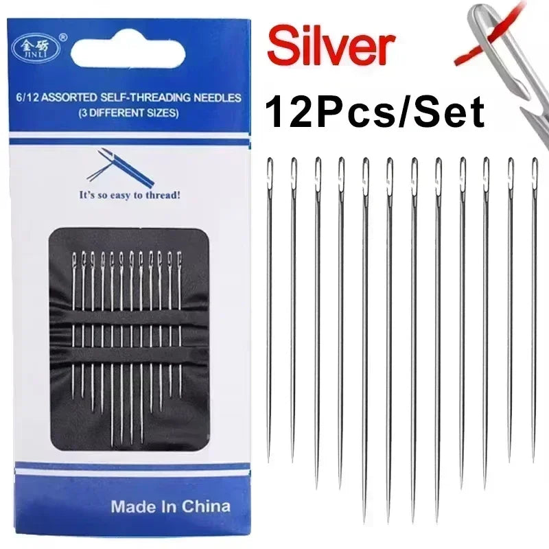 A set of 12 silver stainless steel self-threading sewing needles packaged in a blue box.