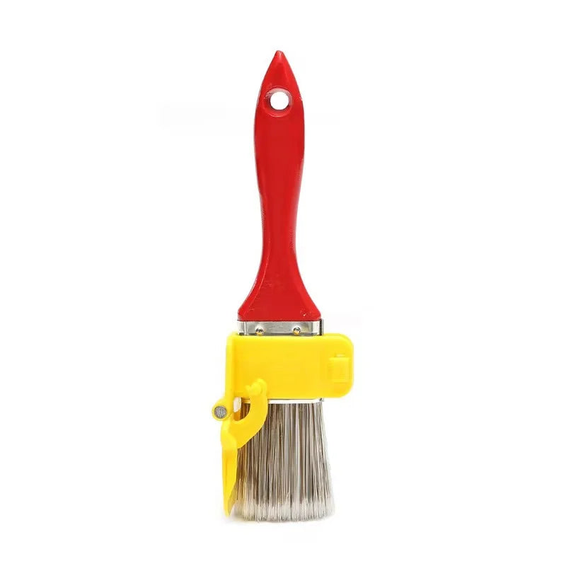 A red precision edging paint brush with a yellow corner trimmer and metal bristles.