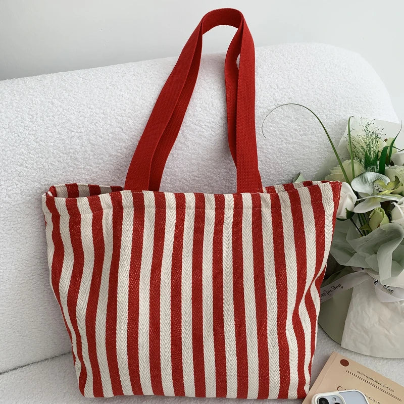 Striped Canvas Shoulder Tote Bag