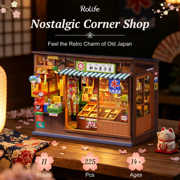 A wooden replica of a nostalgic Japanese corner shop display featuring various goods and an LED light.