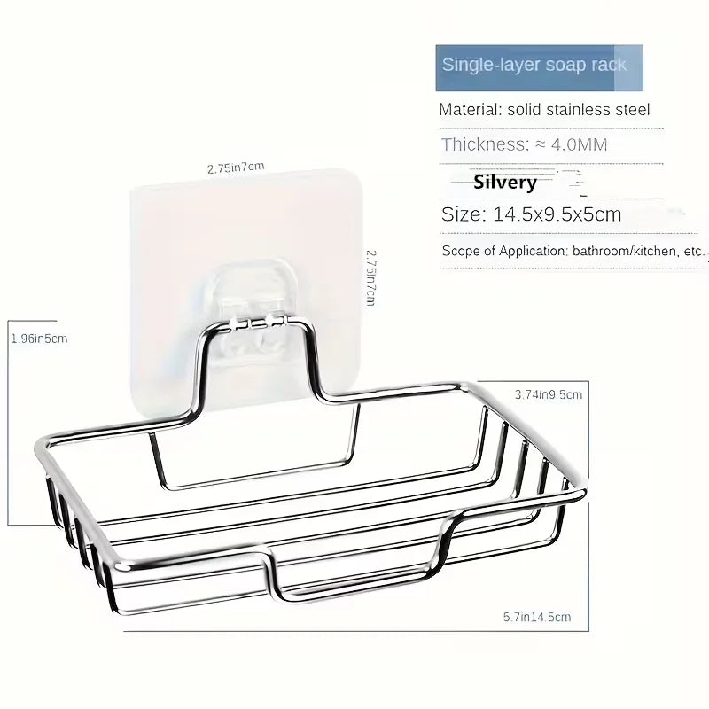 Silver single-layer stainless steel soap rack with a no-drill adhesive installation
