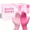 Box of pink nitrile gloves with a hand wearing a pair for household use