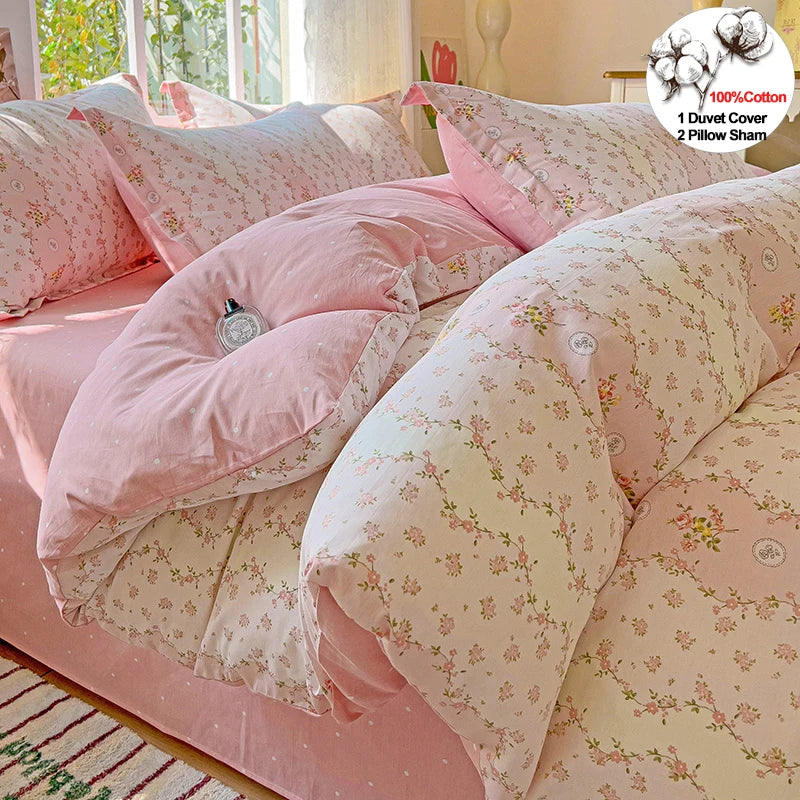 Floral Print 100% Cotton Duvet Cover Set with Two Pillow Shams